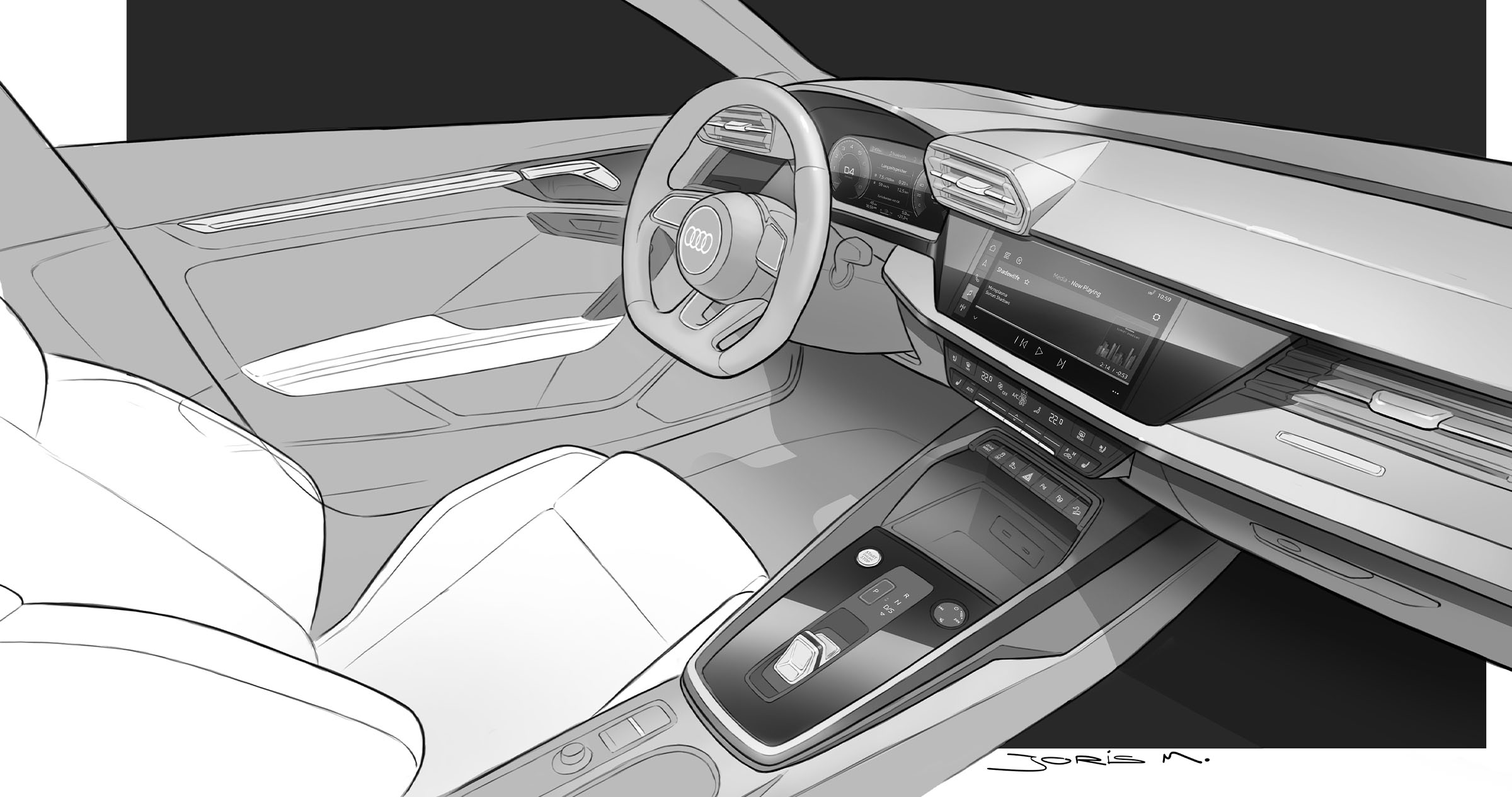 Sketch image car interior driver side