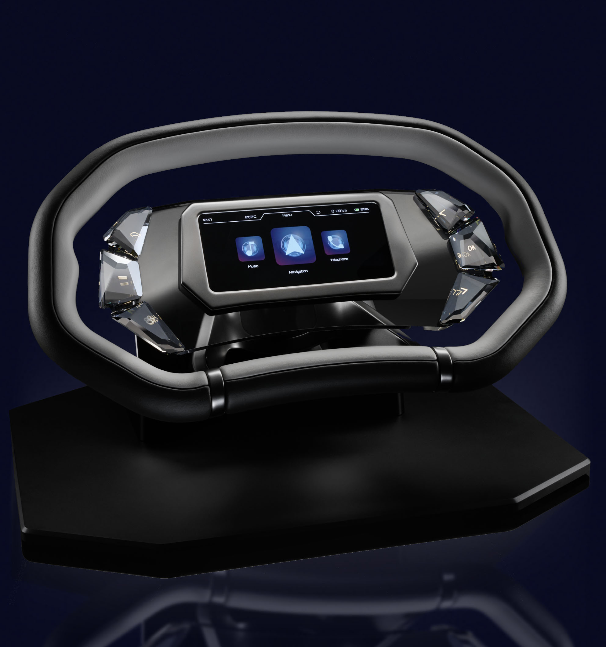 Steering wheel futuristic black car interior equipment